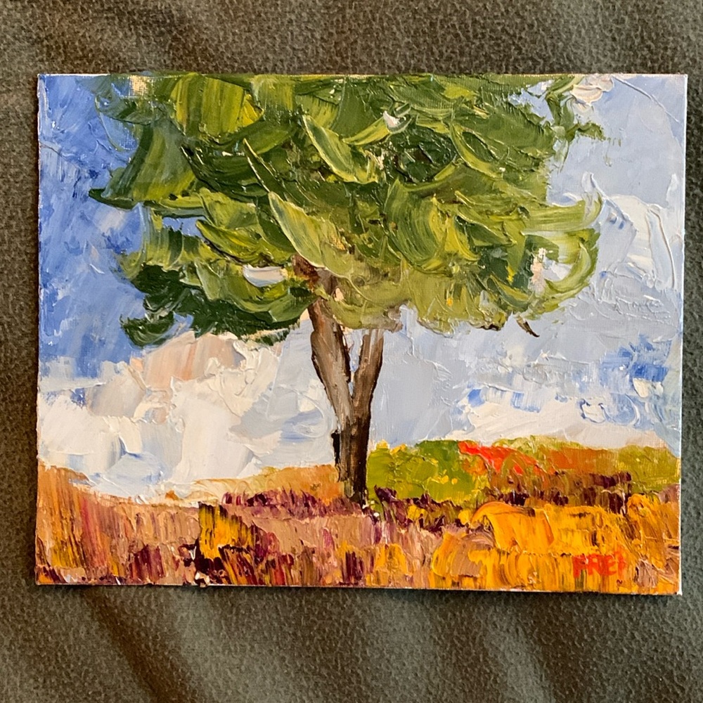 Amanda Frei “Stable Tree” oil on canvas panel. 8” x 10”